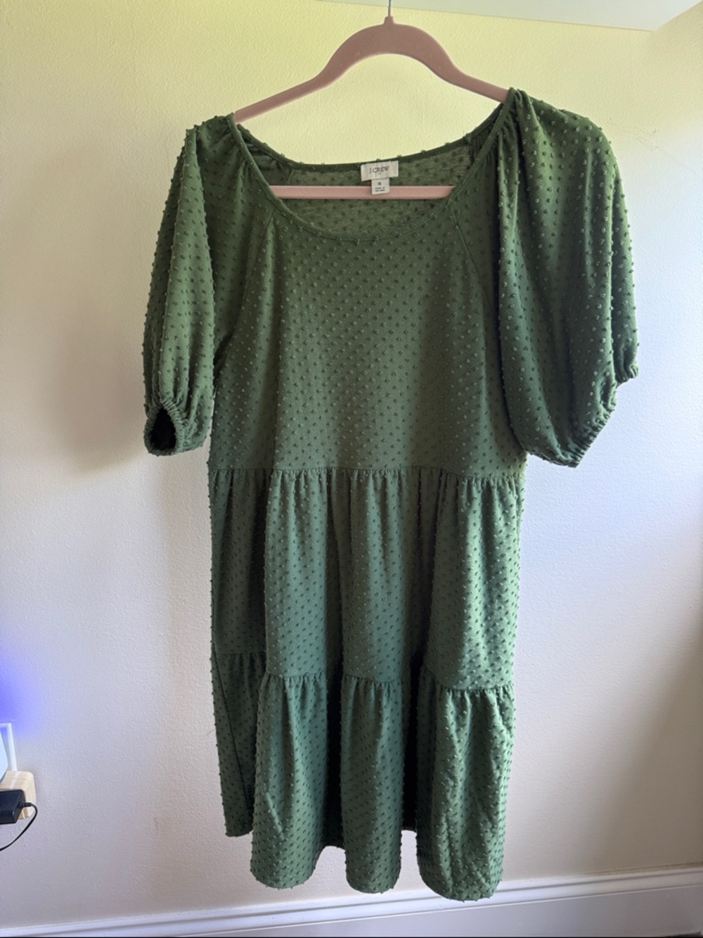 J. Crew Olive Green Swiss Dot Tiered Midi Dress size S, used like new